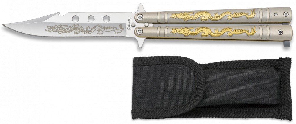 Albainox butterflykniv i stål med dragedesign – 02182